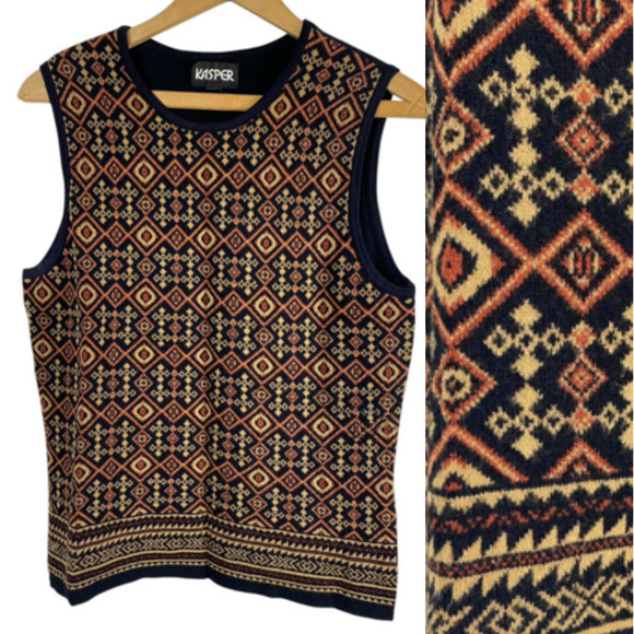 Vintage Kasper Knit Sweater Tank Top 90s Geometric Dark Academia Old Money 10 - Picture 1 of 10